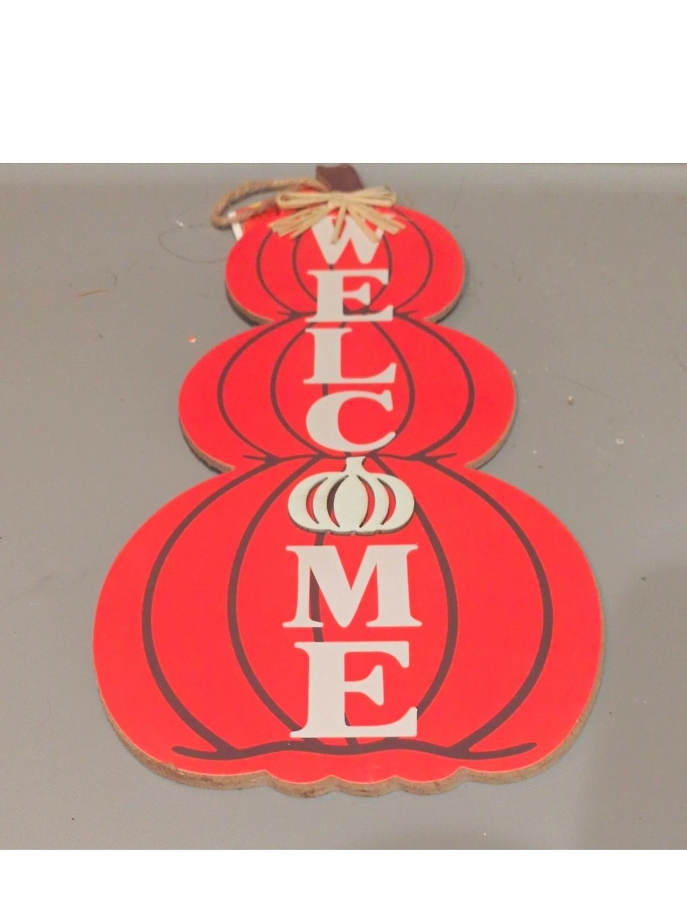 Welcome Red Pumpkin Hanging Sign - Home Holiday Decor. 12in